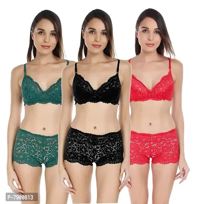 Fashion Comfortz Women Bra Panty Lingeries Set Regular Plain/Solid Fc_NIKKARR Black::Red::Green_36_NIKKARRSet
