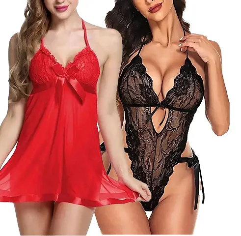 Pack Of 2 Stylish Printed Net Baby Doll Sexy Night Dress For Women