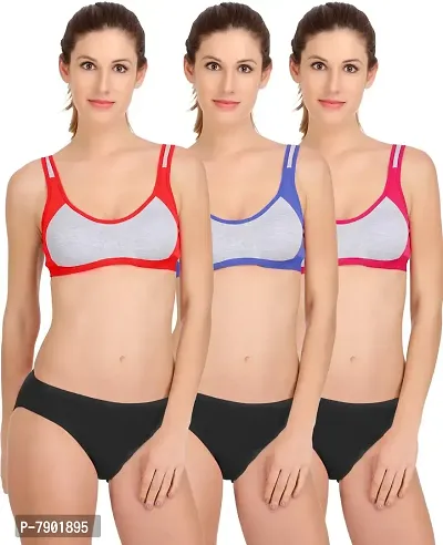 PIBU-Women's Cotton Sports Bra Panty Set for Women Lingerie Set Sexy Honeymoon Undergarments (Color : Red,Blue,Pink)(Pack of 3) Model No : SK04