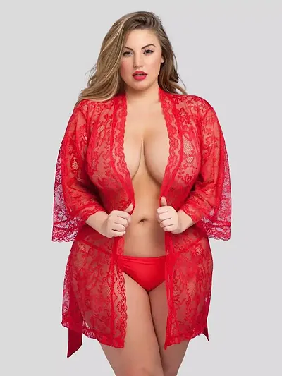 Love Maker Women's Satin and Net Nighty Robe with Panty Set (Free Size)(1011-Red)