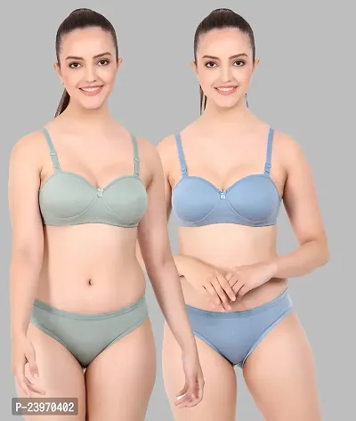 Elegant Cotton Self Pattern Bras And Panty Set For Women- Pack Of 2