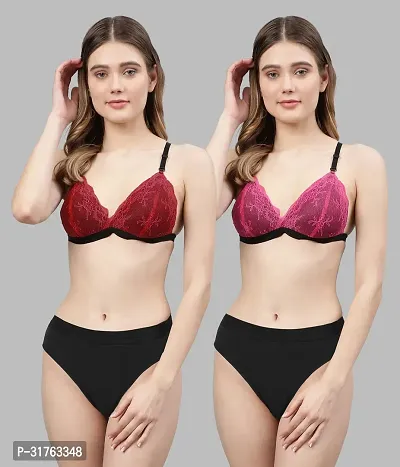 Stylish Women Red, Pink Net Bra Panty Set - Pack of 2