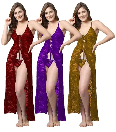 Pack Of 3 Stylish Net Baby Doll Sexy Long Night Dress For Women