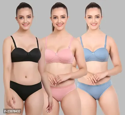 Elegant Cotton Self Pattern Bras And Panty Set For Women- Pack Of 3