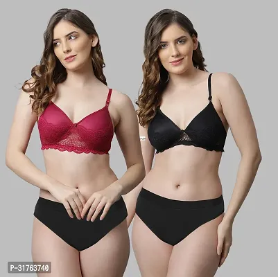 Stylish Women Maroon, Black Cotton Bra Panty Set - Pack of 2-thumb0