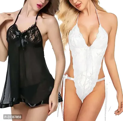 Women Black,White Designed Babydoll Sexy Lingerie Set Honeymoon Nighty Anniversary Night Dress