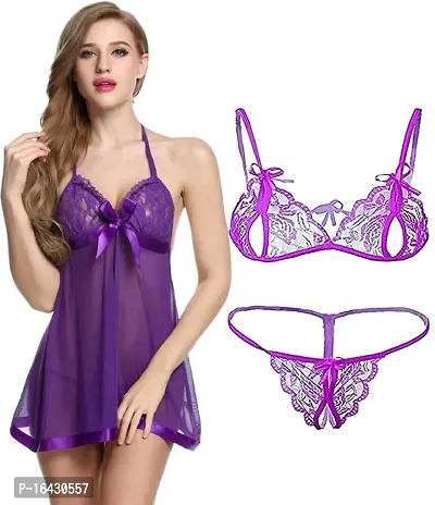 Stylish Purple Net Lace Baby Dolls For Women