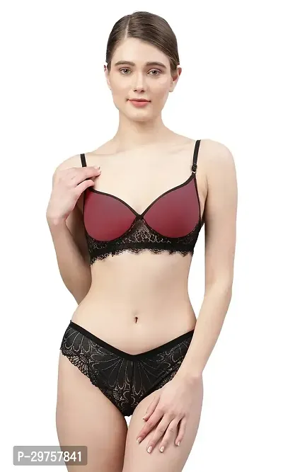 Women Net Bra Panty Set for Lingerie Set ( Pack of 1 ) ( Color : Maroon )-thumb0