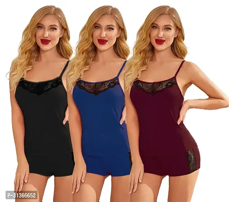 Women Black,Blue,Red Designed Babydoll Sexy Lingerie Set Honeymoon Nighty Anniversary Night Dress-thumb0