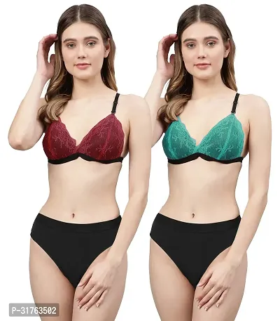 Stylish Women Maroon, Green Net Bra Panty Set - Pack of 2-thumb0