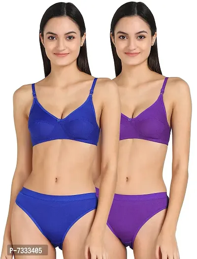 PIBU-Women's Cotton Bra Panty Set for Women Lingerie Set Sexy Honeymoon Undergarments ( Color : Blue,Purple )( Pack of ) Model No : SK01