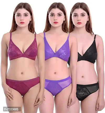 Women Cotton Net Bra Set, Non Padded, Adjustable Strap, Red, Maroon,  Purple, (Pack of 3)