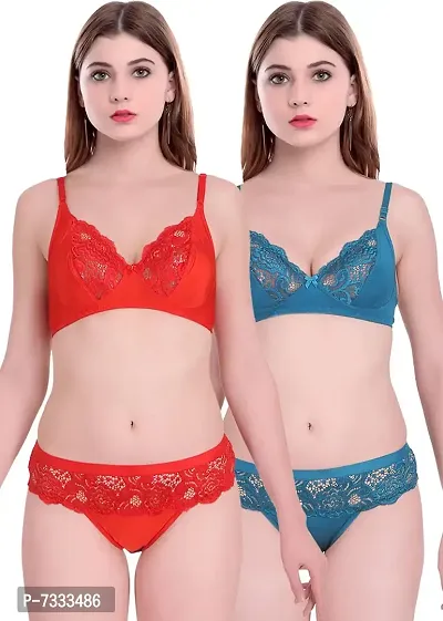 PIBU-Women's Cotton Bra Panty Set for Women Lingerie Set Sexy Honeymoon Undergarments (Color : Red,Blue)(Pack of 2)(Size :30) Model No : Cate SSet