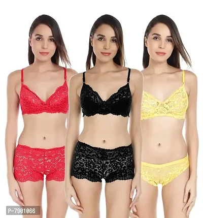 Fashion Comfortz Women Bra Panty Lingeries Set Regular Plain/Solid Fc_NIKKARR Red::Black::Yellow_36_NIKKARRSet