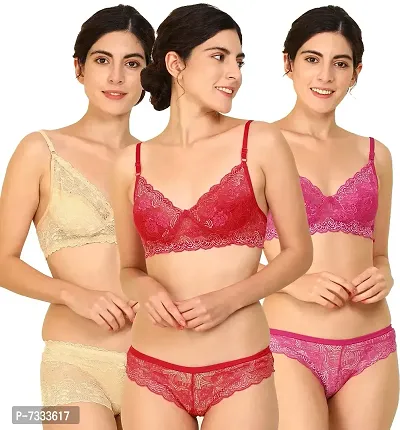 PIBU-Women's Net Bra Panty Set for Women Lingerie Set Sexy Honeymoon Undergarments ( Color : Brown,Red,Pink )( Pack of 3 )( Size :34) Model No : Net SSet