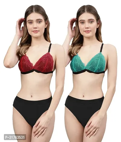 Stylish Women Red, Green Net Bra Panty Set - Pack of 2