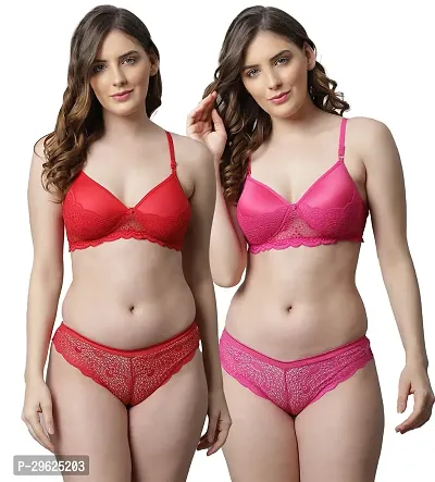 Women Cotton Bra Panty Set for Lingerie Set ( Pack of 2 ) ( Color : Red,Pink )-thumb0