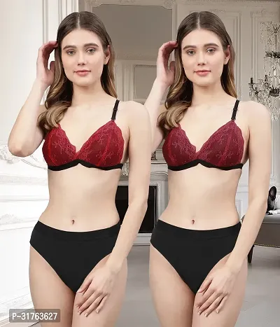 Stylish Women Red, Maroon Net Bra Panty Set - Pack of 2