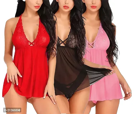 Designed Babydoll Sexy Lingerie Set for Honeymoon Pack of 3-thumb0