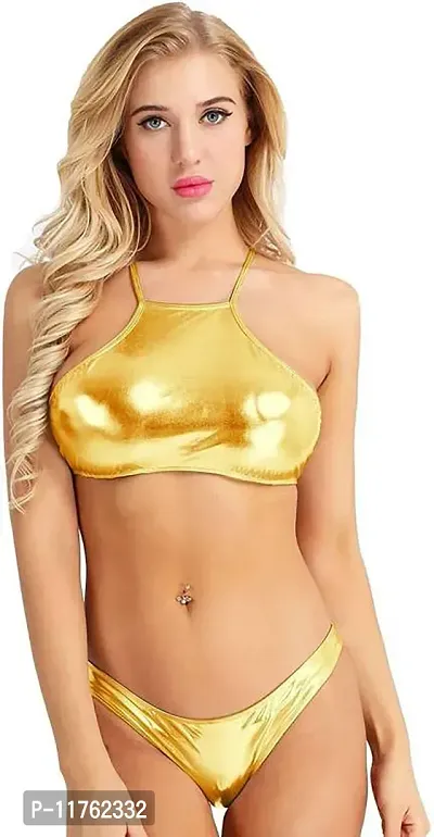 Stylish Golden Satin Self Pattern Bra And Panty Set For Women-thumb0