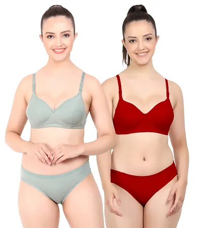 Elegant Self Pattern Bras And Panty Set For Women- Pack Of 2