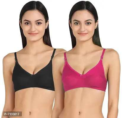 Women T-Shirt Cotton Non Padded Non-Wired Bra (Pack of 2) (Black,Pink)