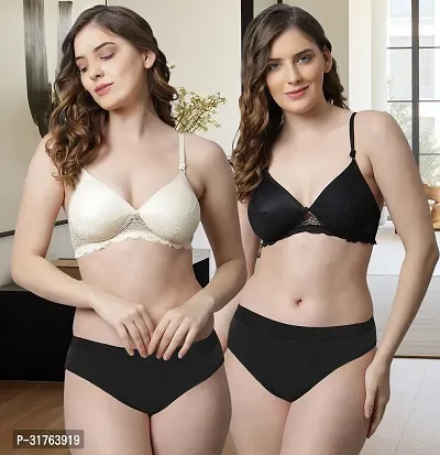 Stylish Women Brown, Black Cotton Bra Panty Set - Pack of 2