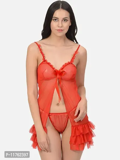 Stylish Red Net Self Design Baby Dolls For Women