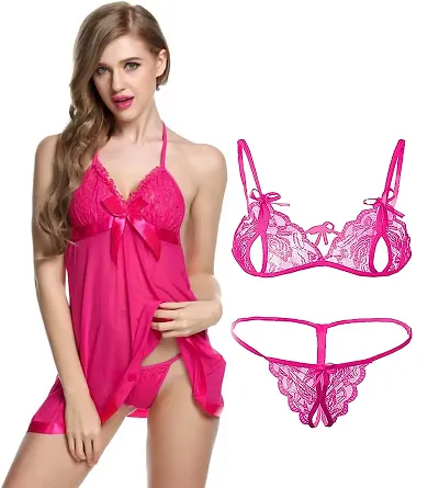 Stylish Pink Net Lace Baby Dolls For Women