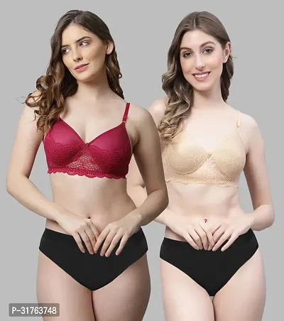 Stylish Women Maroon, Gold Cotton Bra Panty Set - Pack of 2-thumb0