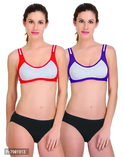 PIBU-Women's Cotton Sports Bra Panty Set for Women Lingerie Set Sexy Honeymoon Undergarments (Color : Red,Purple)(Pack of 2) Model No : SK04