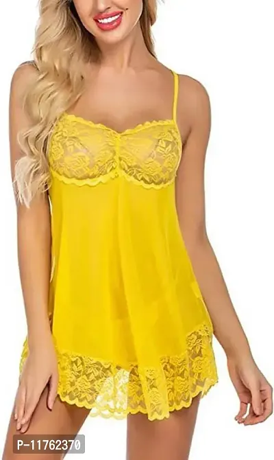 Stylish Yellow Net Self Design Baby Dolls For Women-thumb0