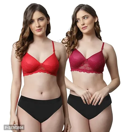 Stylish Women Red, Maroon Cotton Bra Panty Set - Pack of 2