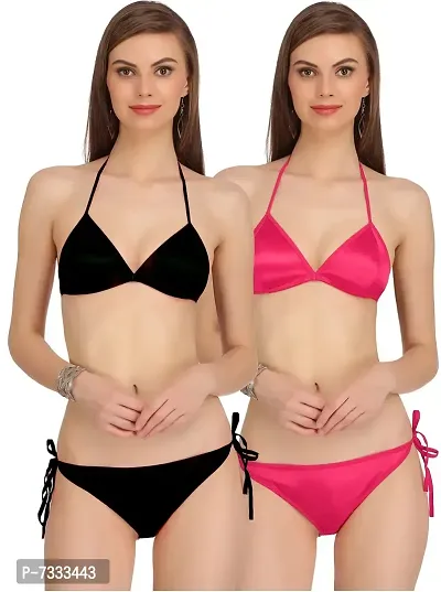 PIBU-Women's Satin Bikini Bra Panty Set for Women Lingerie Set Sexy Honeymoon Undergarments ( Color : Black,Pink )( Pack of 2 )( Size :34) Model No : Satan et