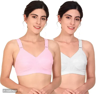 Stylish Pink,White Cotton Solid Bras For Women Pack Of 2-thumb0