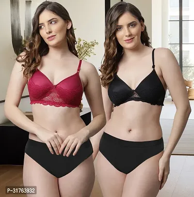 Stylish Women Maroon, Black Cotton Bra Panty Set - Pack of 2-thumb0