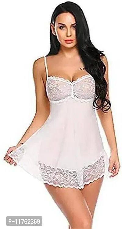 Stylish White Net Self Design Baby Dolls For Women