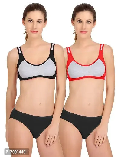 PIBU-Women's Cotton Gym Sports Bra Panty Set for Women Lingerie Set Sexy Honeymoon Undergarments (Color : Black,Red)(Pack of 2)(Size :36) Model No : SNY=B #CT-thumb0