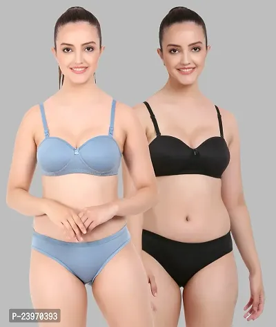 Elegant Cotton Self Pattern Bras And Panty Set For Women- Pack Of 2-thumb0