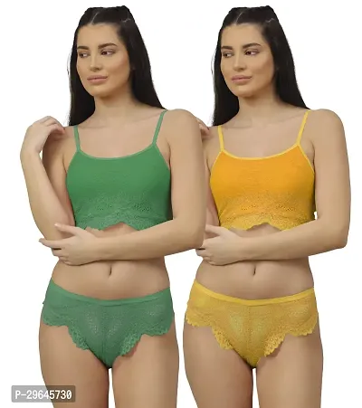 Women Net Bra Panty Set for Lingerie Set ( Pack of 2 ) ( Color : Green,Yellow )-thumb0