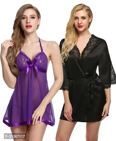 Women Purple,Black Designed Babydoll Sexy Lingerie Set Honeymoon Nighty Anniversary Night Dress