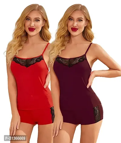 Women Red,Maroon Designed Babydoll Sexy Lingerie Set Honeymoon Nighty Anniversary Night Dress