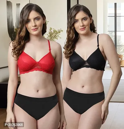 Stylish Women Red, Black Cotton Bra Panty Set - Pack of 2