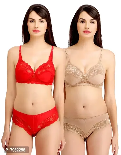 Fashion Comfortz Non Padded Wirefree Bra and Panty Set for Woman Red,Brown