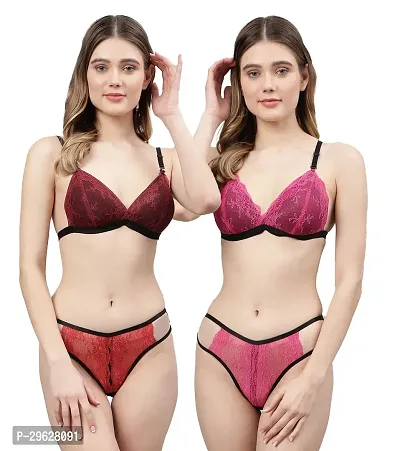 Women Net Bra Panty Set for Lingerie Set ( Pack of 2 ) ( Color : Maroon,Pink )-thumb0