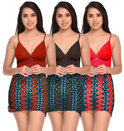 Pack Of 3 Stylish Printed Net Baby Doll Sexy Night Dress For Women