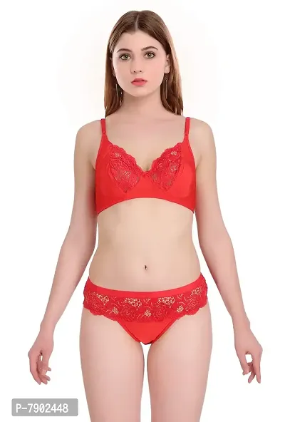 Fashion Comfortz Lingerie Set Net Bra Panties Set for Women|Honeymoon Bra Panty Set |Bra Panty Set for Women with Sexy Undergarments Pack of 1 Bra Panty Set Red-thumb0