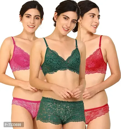 PIBU-Women's Net Bra Panty Set for Women Lingerie Set Sexy Honeymoon Undergarments ( Color : Pink,Green,Red )( Pack of 3 )( Size :30) Model No : Net SSet-thumb0
