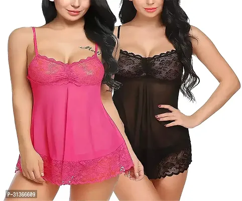 Women Pink,Black Designed Babydoll Sexy Lingerie Set Honeymoon Nighty Anniversary Night Dress