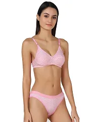 Stylish Pink Cotton Self Pattern Bra And Panty Set For Women-thumb1